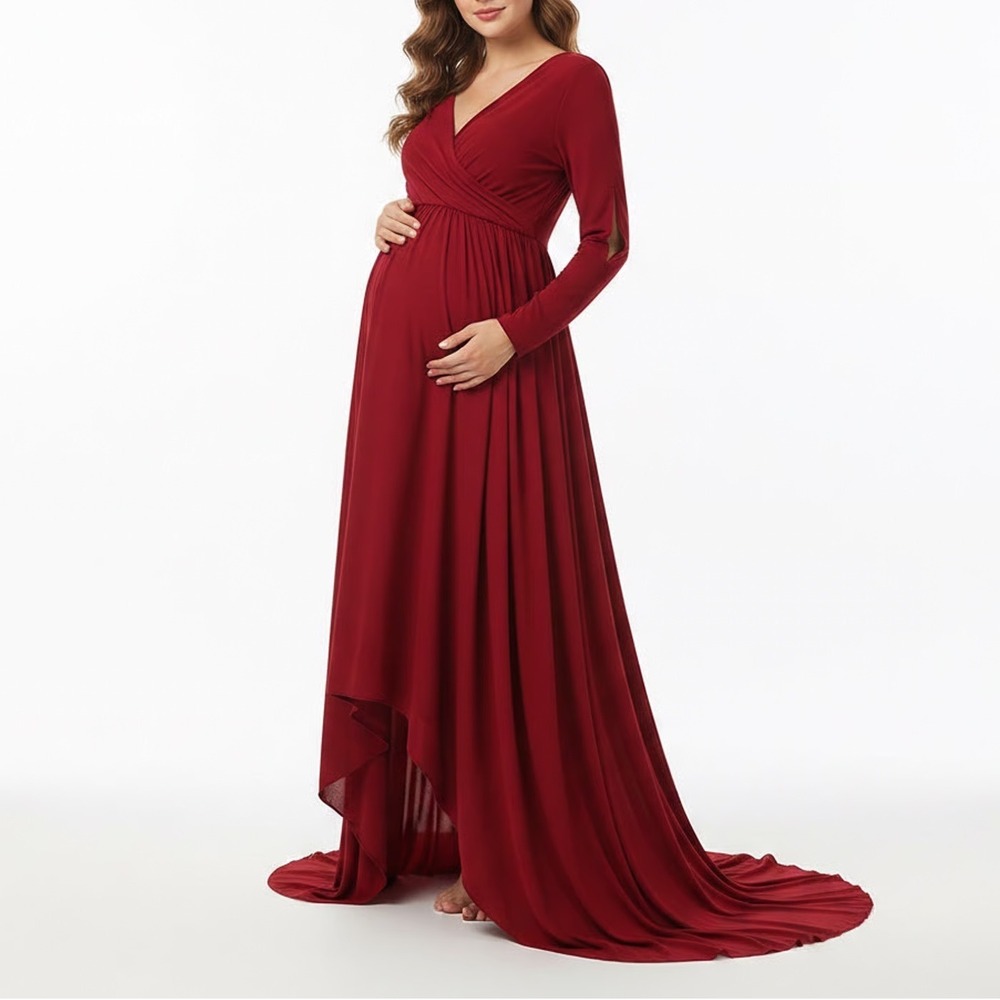 OrderPlus Red Maternity Gown XL Long Sleeve Wrap V-Neck High-Low Maxi Dress